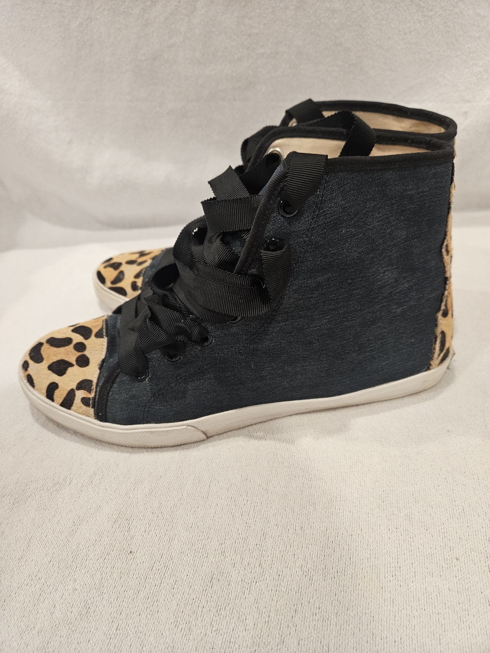 Kate Spade Linus Denim & Animal Print Calf Hair High Top Sneakers womens size 9 - Picture 5 of 11